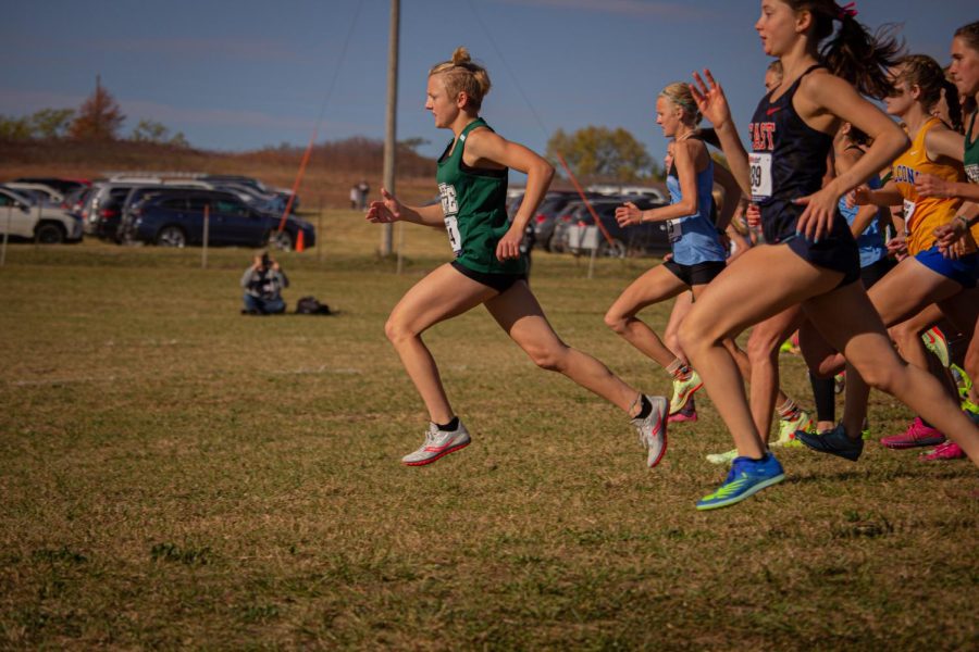 Starting strong, sophomore Brylee Burns strides out during the beginning of the race. Burns made huge leaps this season and helped to lead the girls team to a successful season with her individual 9th place at state. My favorite part of the season was doing long runs with my best friends, Burns said.
