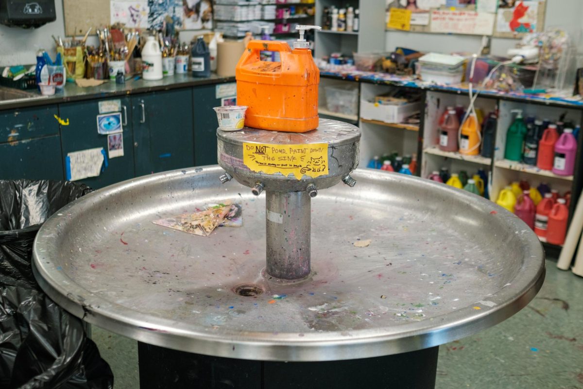 In visual art instructor Rachel Downs-Doubrava’s classroom, a stained circle sink awaits repairs. This circle sink has been here ever since the school was founded, and it has been needing repairs for at least 12 years now. “The circle sink is a monstrosity, it sometimes drains it sometimes doesn’t drain. We need it to clean our brushes, we need it to fill our cups, we need it to rinse our pallets. We’re needing the correct kind of filtration system for paint, it does not have that as far as I know,” Downs-Doubrava said.