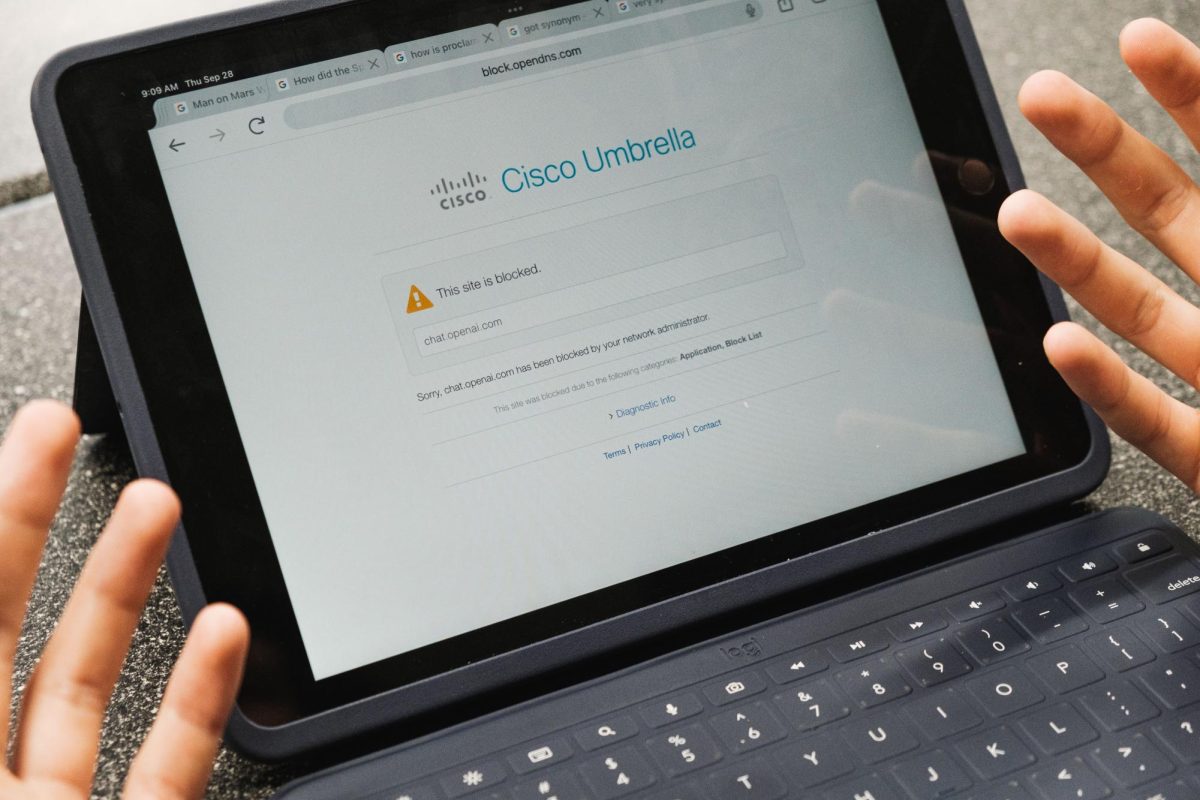 Trying to cheat, a student tries to access the AI program “ChatGPT” on their iPad. Cisco Umbrella removes students abilities to access some websites such as Social Media platforms, Video games, AI programs and more.