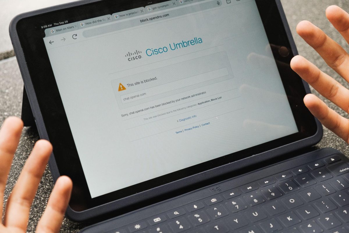 Trying+to+cheat%2C+a+student+tries+to+access+the+AI+program+%E2%80%9CChatGPT%E2%80%9D+on+their+iPad.+Cisco+Umbrella+removes+students+abilities+to+access+some+websites+such+as+Social+Media+platforms%2C+Video+games%2C+AI+programs+and+more.