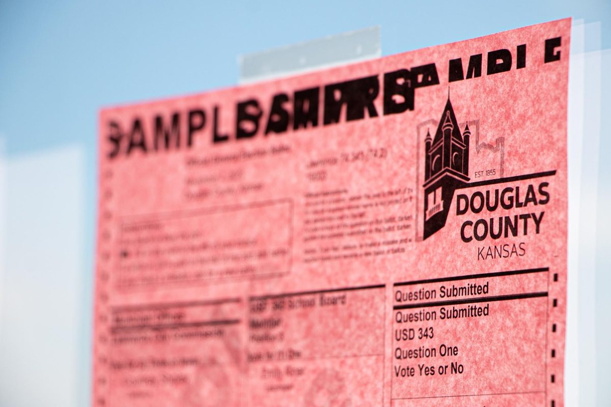 Taped on the window at a polling place in Rock Chalk Park, a sample ballot is displayed for people to preview before they place their votes in the booth.