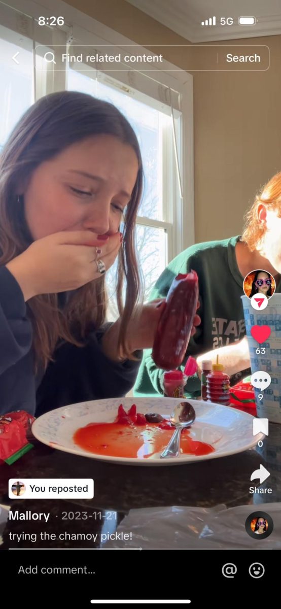 Seniors Allison Mayhew and Mallory Qualseth review a chamoy pickle kit they ordered off TikTok Shop. Photo collected from Allison Mayhew.