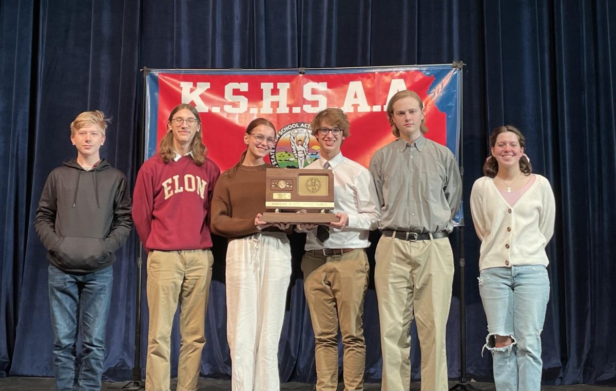 In the 4-Speaker State Debate Tournament, Free State finished with a 9-5 record and in 3rd place. Pictured from left to right are the competitors: sophomore Oliver Fredrick, junior Cooper Hefty, senior Sophie Racy, senior Connor Brown, junior Gilly Falin, and sophomore Olive Minor. 