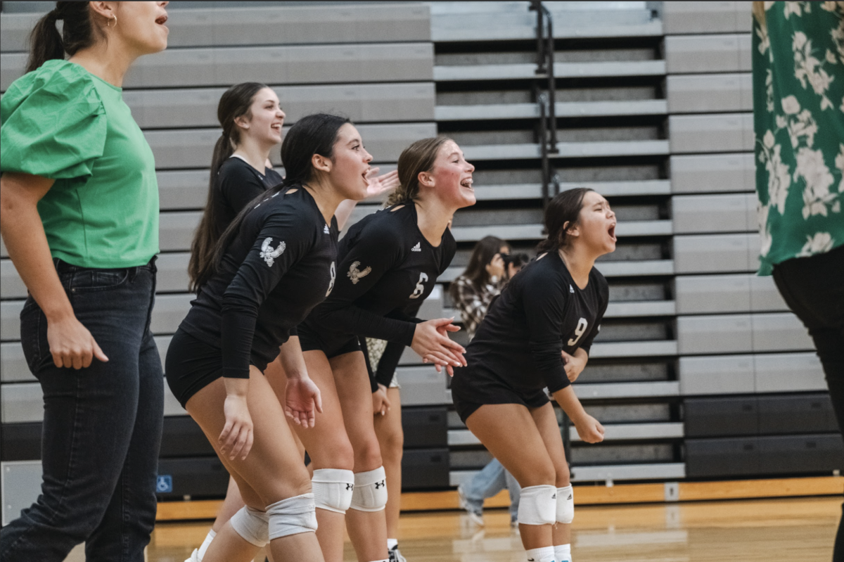 Varsity+Volleyball+players+cheer+at+a+game.+