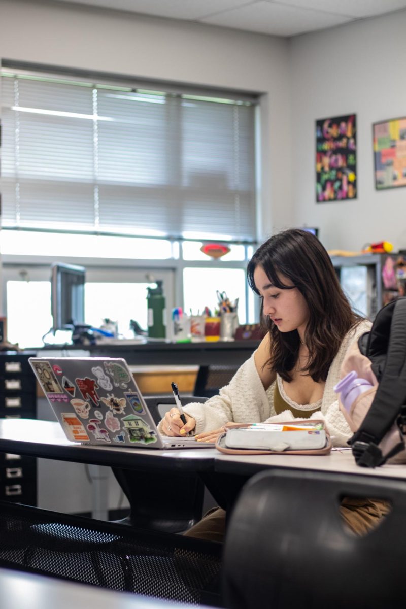 Junior Anwen Williams working on debate.