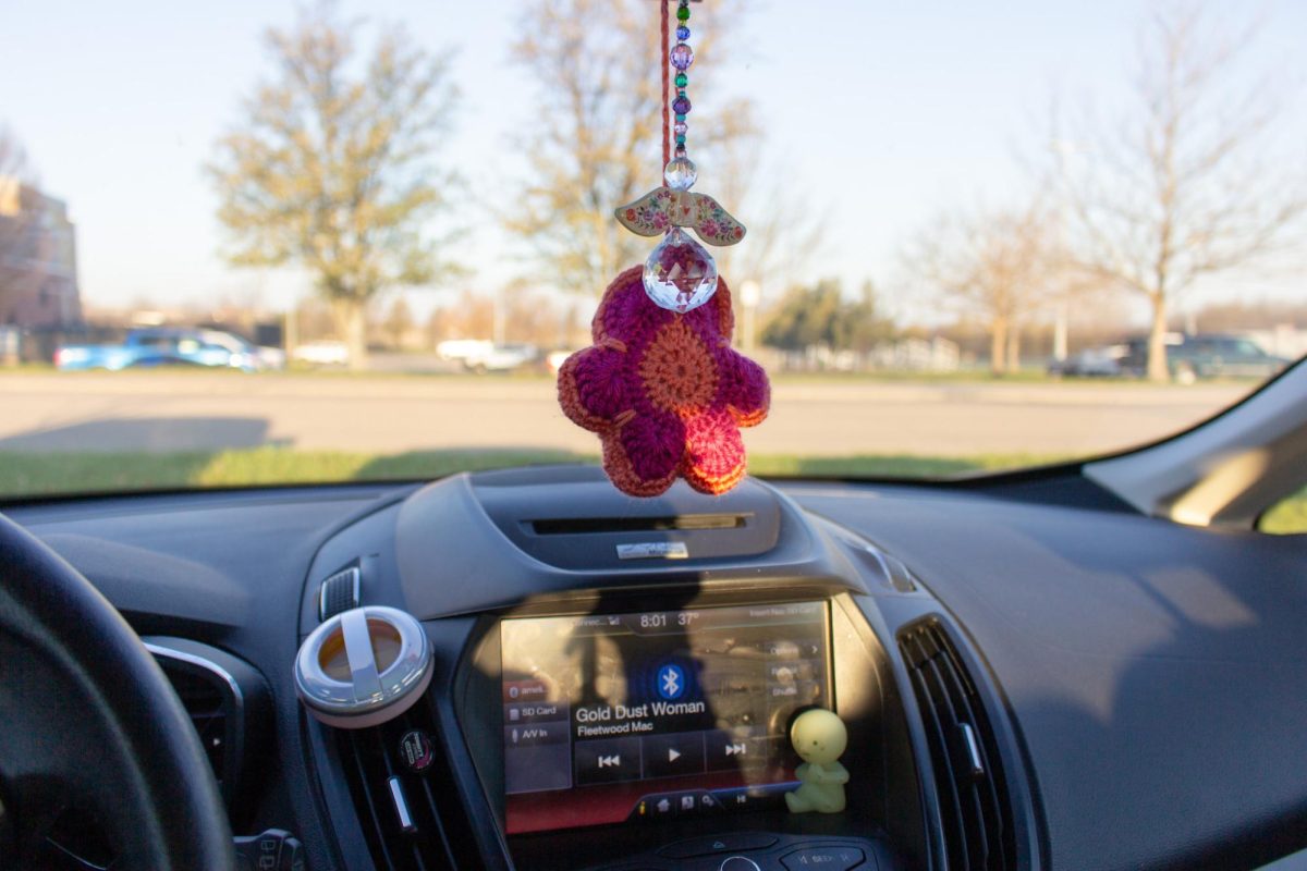 Like many students, junior Amelia Wiles uses a variety of accessories in her car as an avenue of self-expression. Wiles said that many of the trinkets hold sentimental value and are daily visual reminders of family, friends and happy memories.
