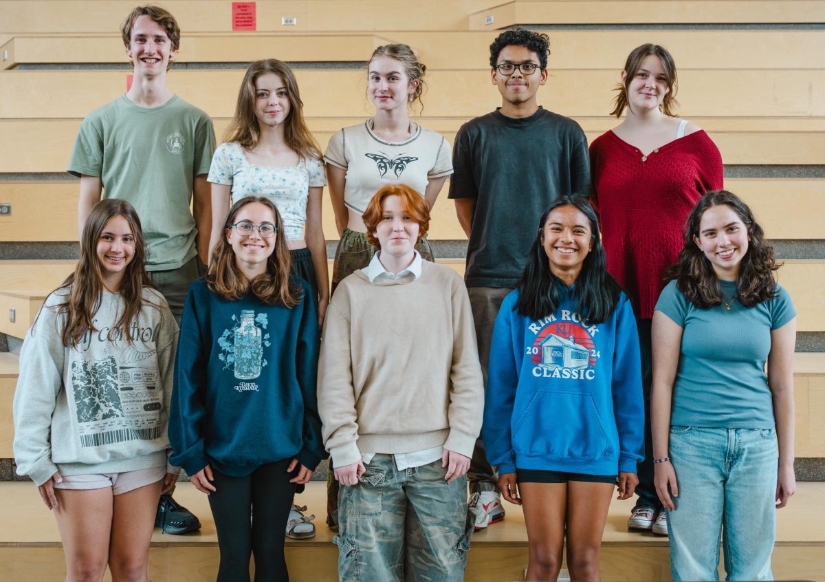 Standing together, the 2025-2026 news editor staff, Nathan Kramer, Maria Mosconi, Phoebe Morris, Rakshan Ossen, Evie Chancy, Lauren Jackson, Cecilia Bennett, Lucas Smith, Julia Velasco, and Meredith Shryock, welcome you to their first issue.