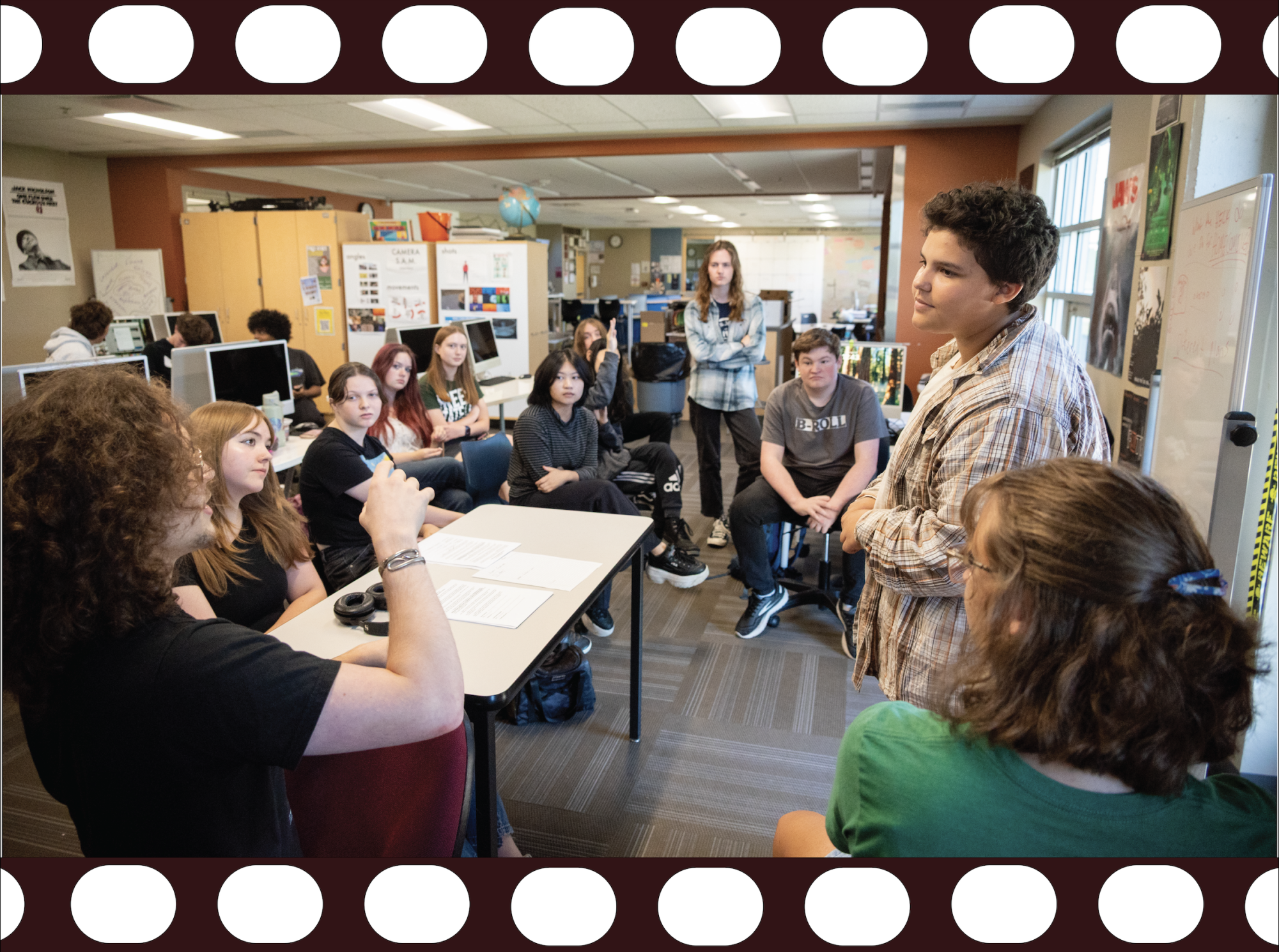 Brainstorming with the class, senior Kouri Demelash leads a discussion about the next project for Video Production III.
