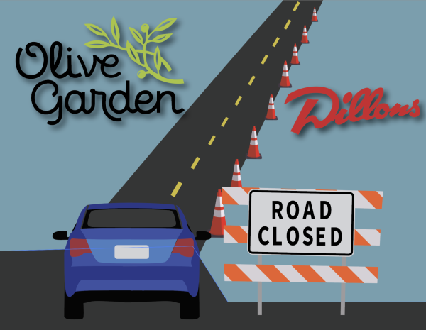 On Iowa Street, a driver passes the construction. Digital illustration by Harper Finck.