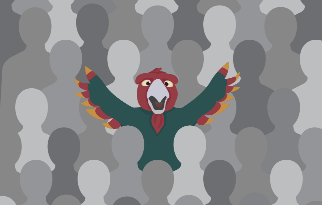 A sad firebird in a crowd of spiritless students. Digital illustration by Abbie Veeder.