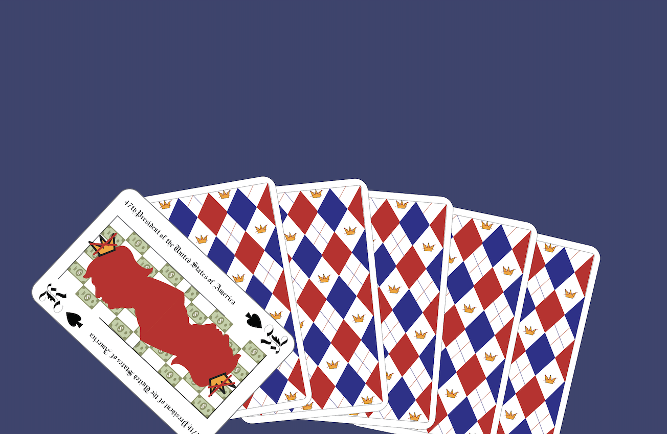 A deck of cards with one representing President Donald J. Trump as the king card. Digital illustration by Elizabeth Puah.