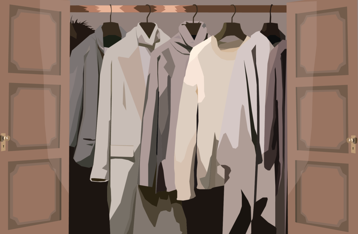 Cold weather clothes sitting ready in a closet for the transition to winter. Digital illustration by Baila Love.