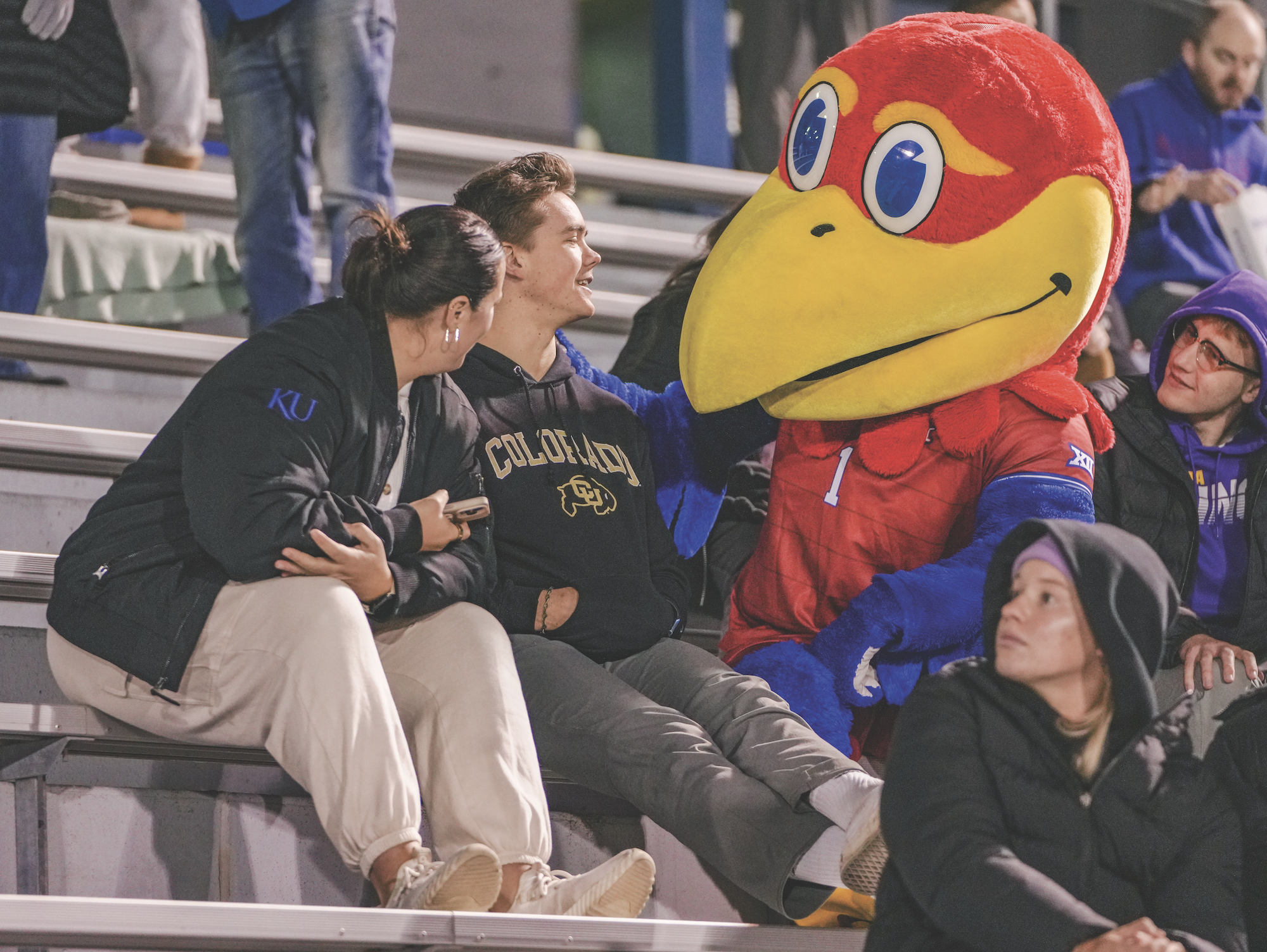 During a women’s soccer match against the University of Colorado Boulder, University of Kansas mascot Big Jay interacts with spectators on Oct. 30.
