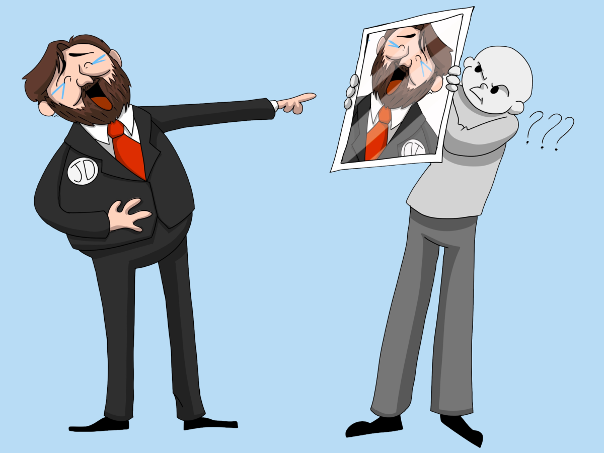 Laughing at himself, Vice President JD Vance points at a reflection of himself in order to seem more relatable to voters. Design by Kouri Demelash