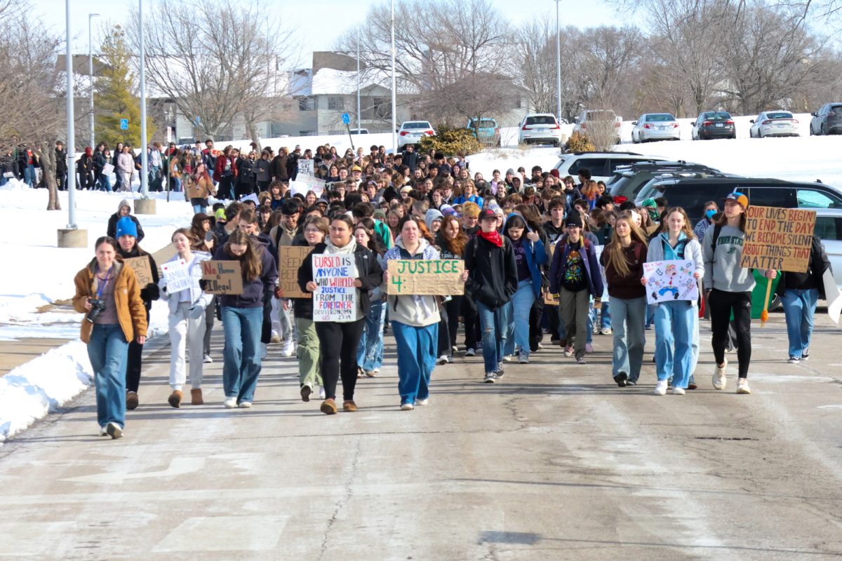 At 1:30 p.m., students walk out of the school to protest ICE. Around 25% of the total Free State population attended the walkout. "There's just so much passion for joining our people and standing up for what's right," sophomore Levi Grassy said.