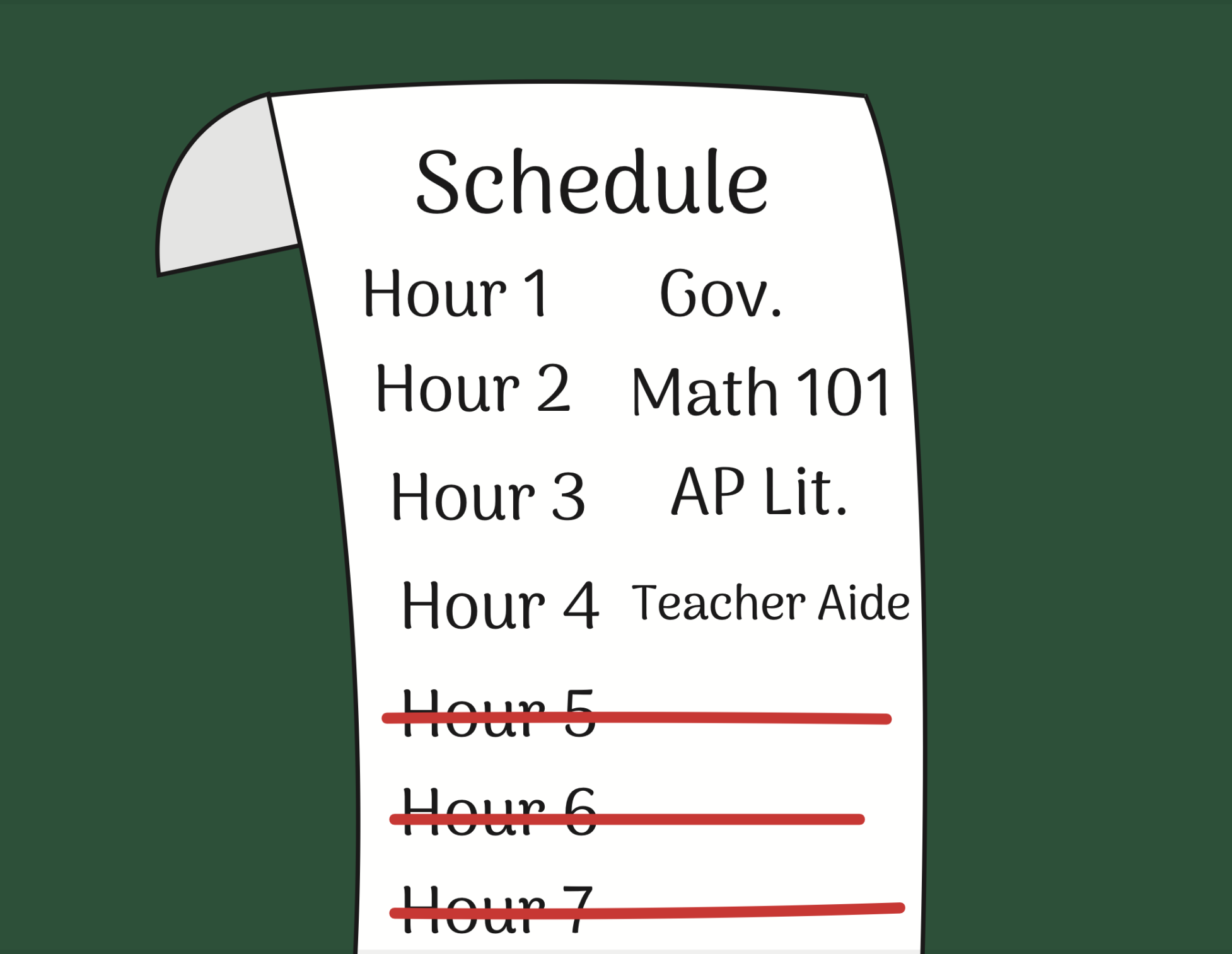 A second semester schedule is reduced to four classes. Digital illustration by Allison McCall.