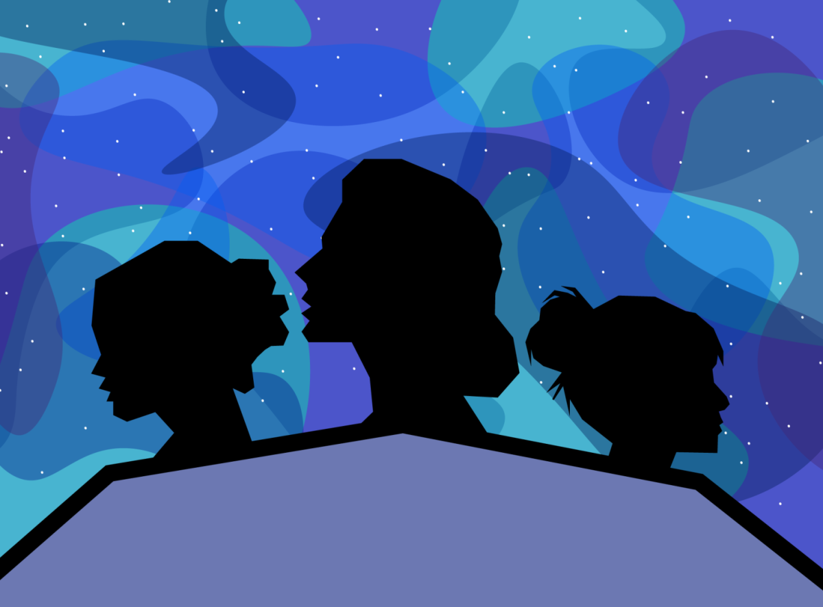 The women of the harvard observatory look out at the night sky. Digital illustration by Baila Love.