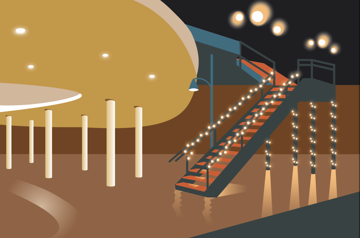 The Kansas Union Ballroom on the left and Abe and Jack's on the right. Digital illustration by Lucas Smith.