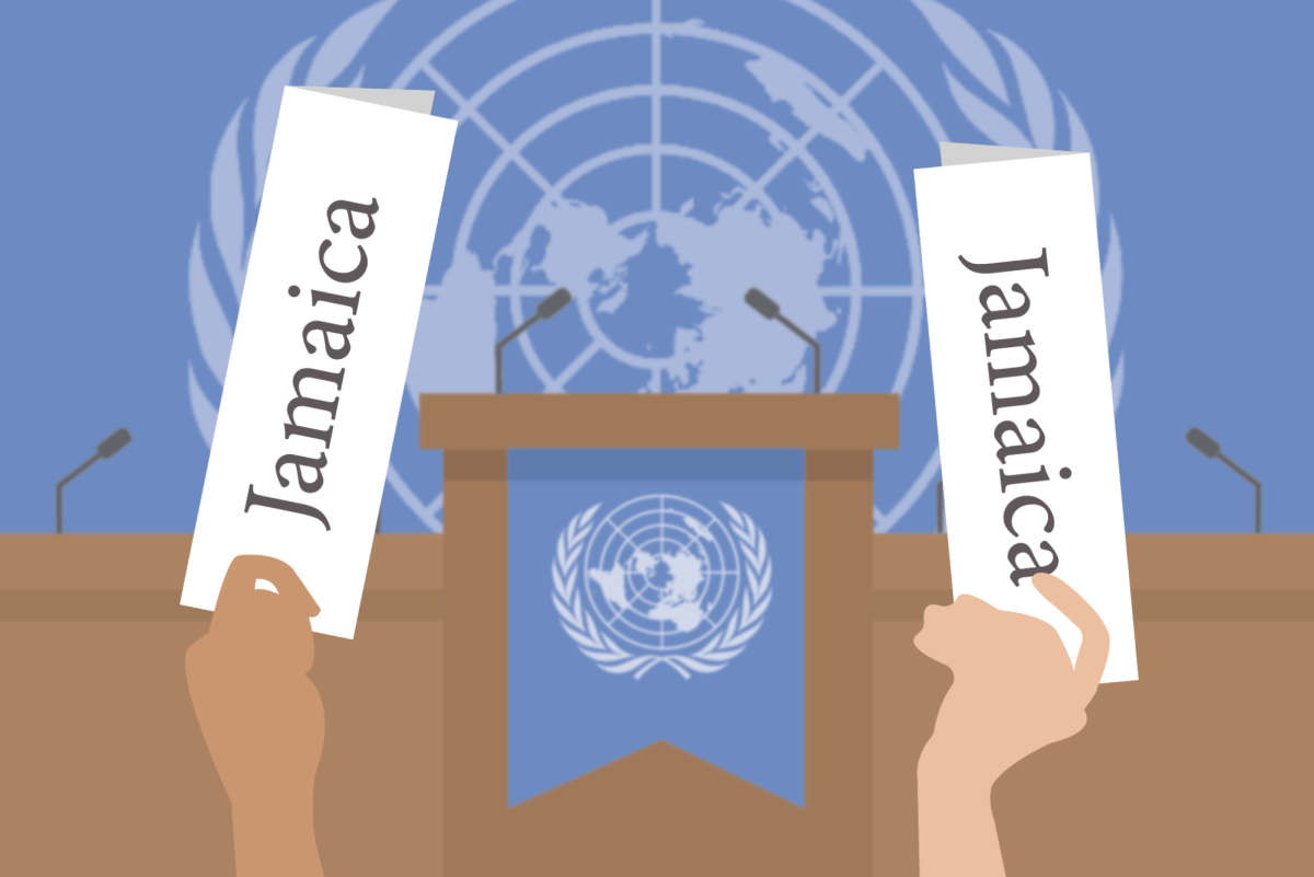 Students raise their papers to debate at a Model United Nations conference. Digital illustration by Ariza Noscal.