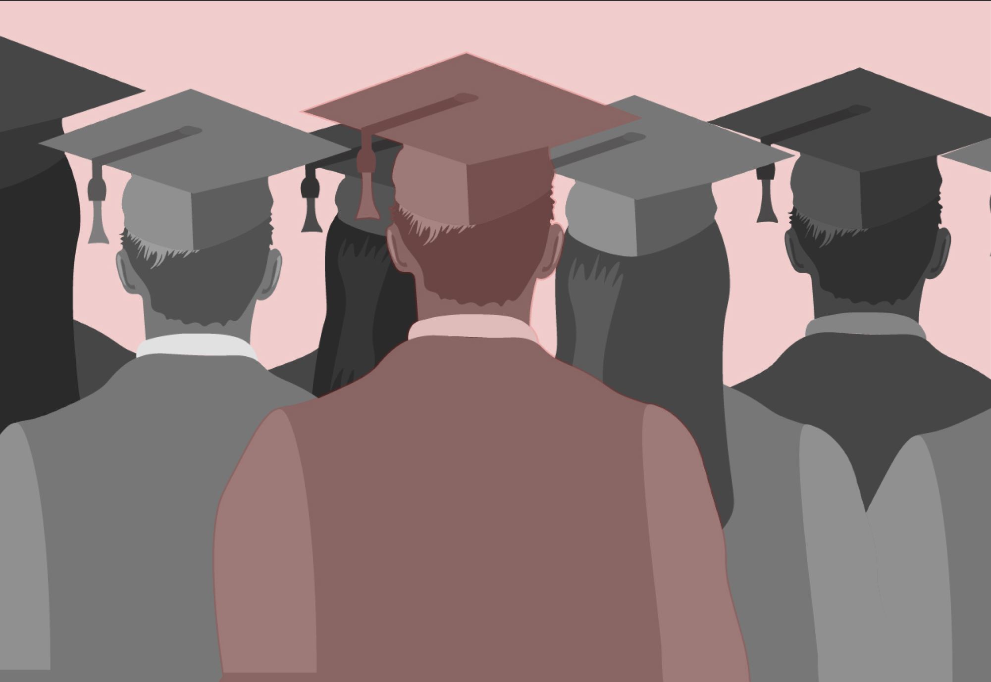 A graduate standing among his peers. Digital illustration by Bella Lylo.