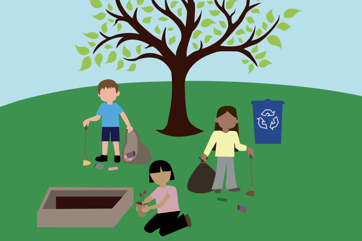 Students at Green Great Help participating in environmental projects. Digital illustration by Hannah Billen.
