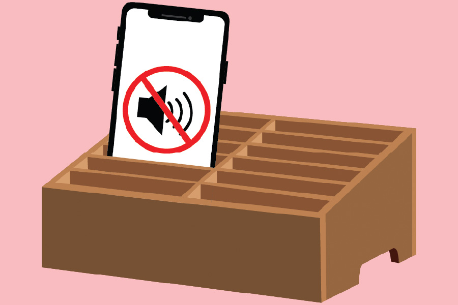 A silenced phone stored in a phone bin. Digital illustration by Ariza Noscal.