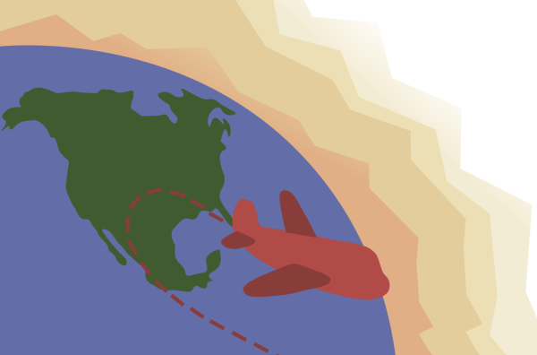 A plane traveling around the globe. Digital illustration by Kinley Gigous.