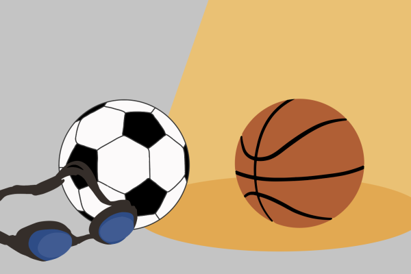 A basketball in the spotlight with a soccer ball and googles sit to the side. Digital illustration by Harper Finck.