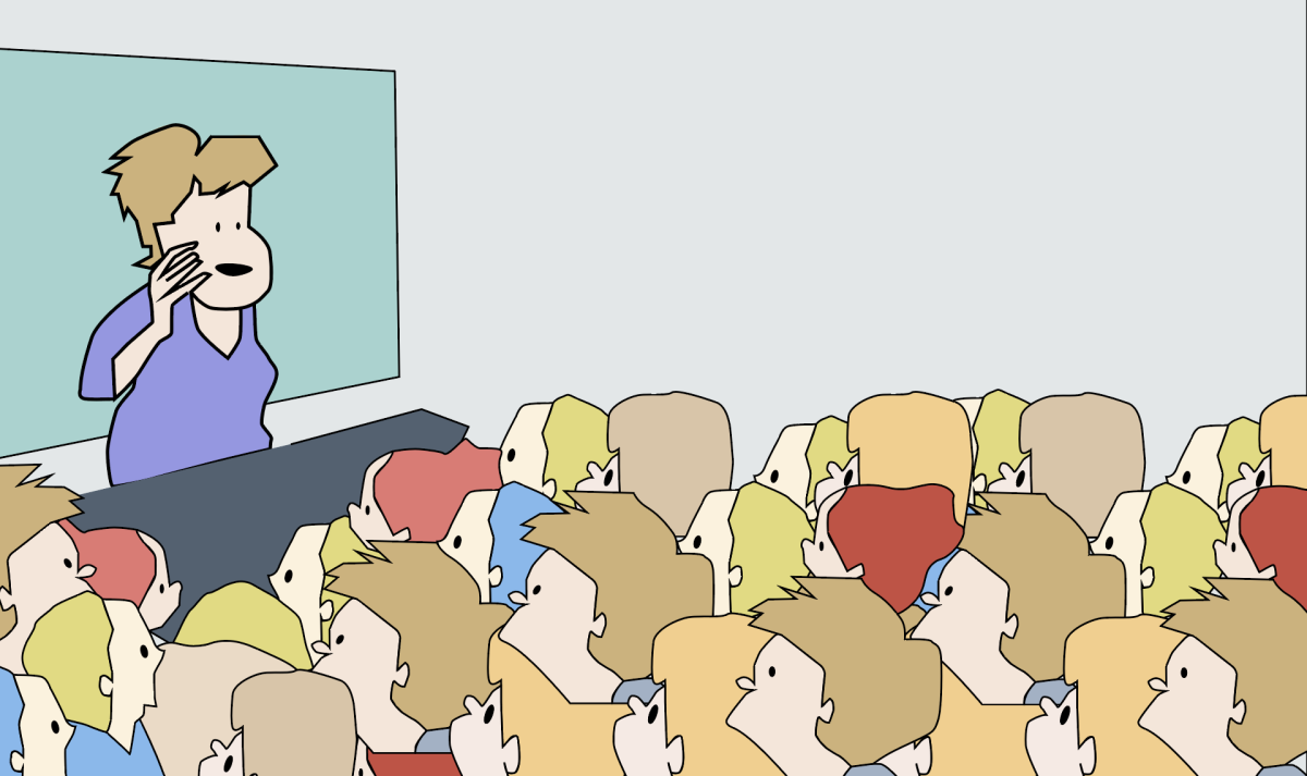 In a classroom, students pack together to fit with limited space while the teacher starts the lesson. Digital illustration by Kinley Gigous and Ceci Bennett.